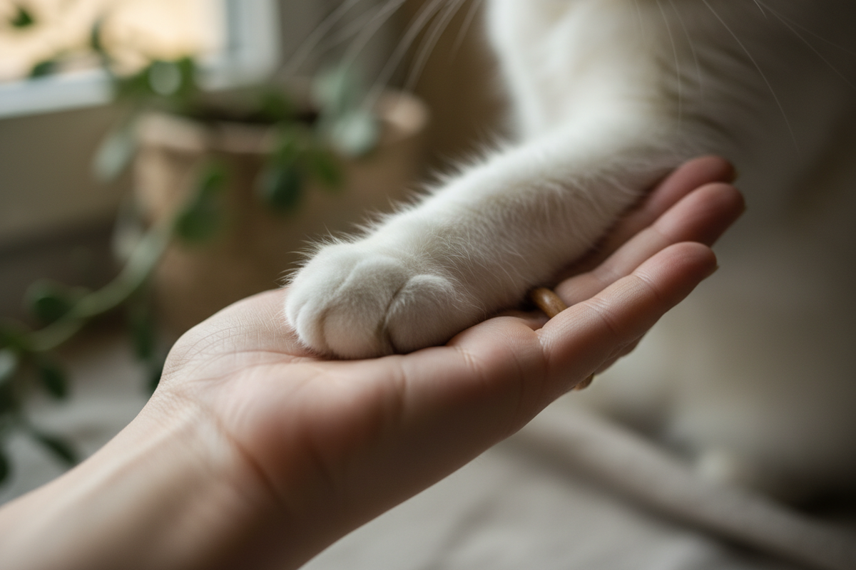 Cat paw with human hand
